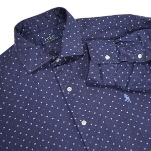 POLO RALPH LAUREN Men's L Navy Blue Polka Dot Cotton Long Sleeve Button Up Shirt